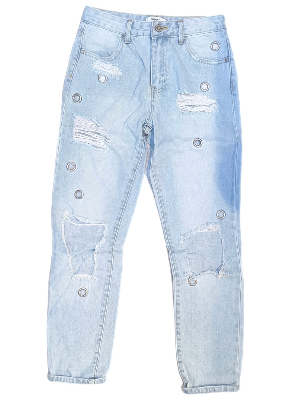 Women’s Forever 21 High Rise Waisted Straight Ripped Blue Mom Boyfriend Jeans